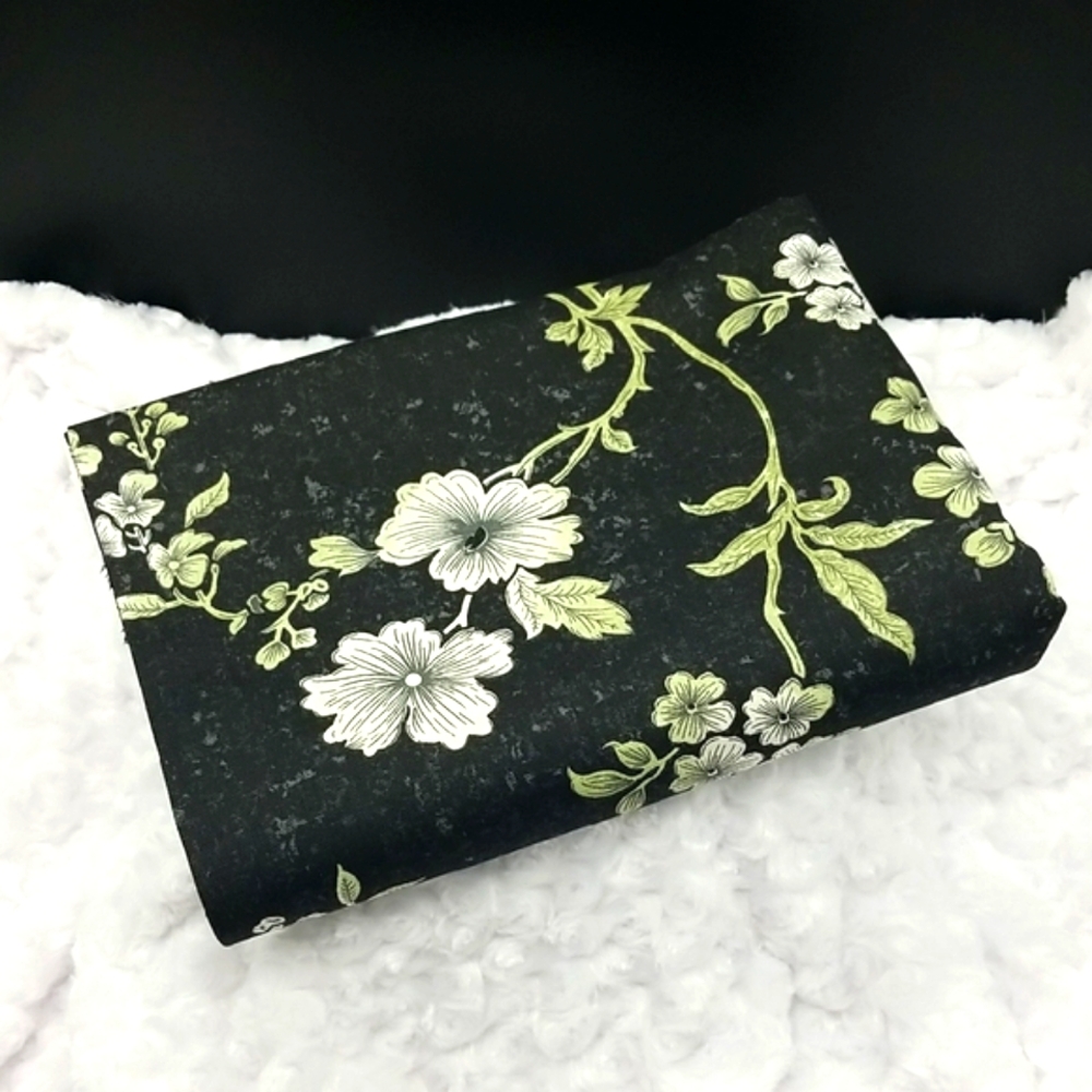 4 Yards Black with White Flowers and Green Leaves Indoor Cotton Canvas Material